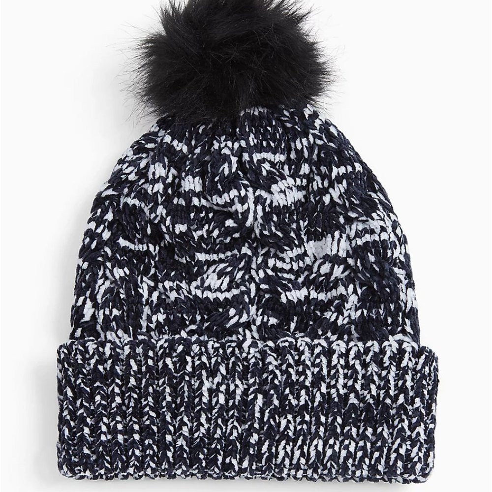 Torrid Hat Beanie Black Marled Knit Fur Pom Pom